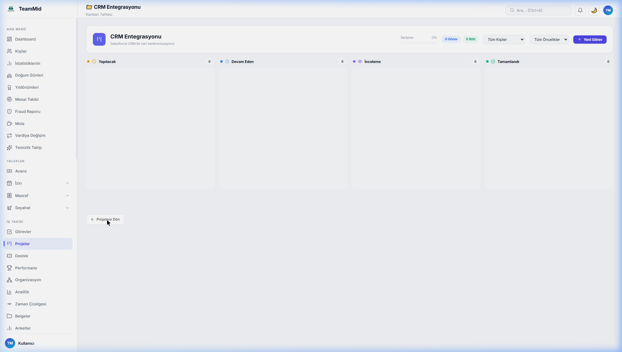 TeamMid kanban proje yönetimi — sürükle bırak görev panosu